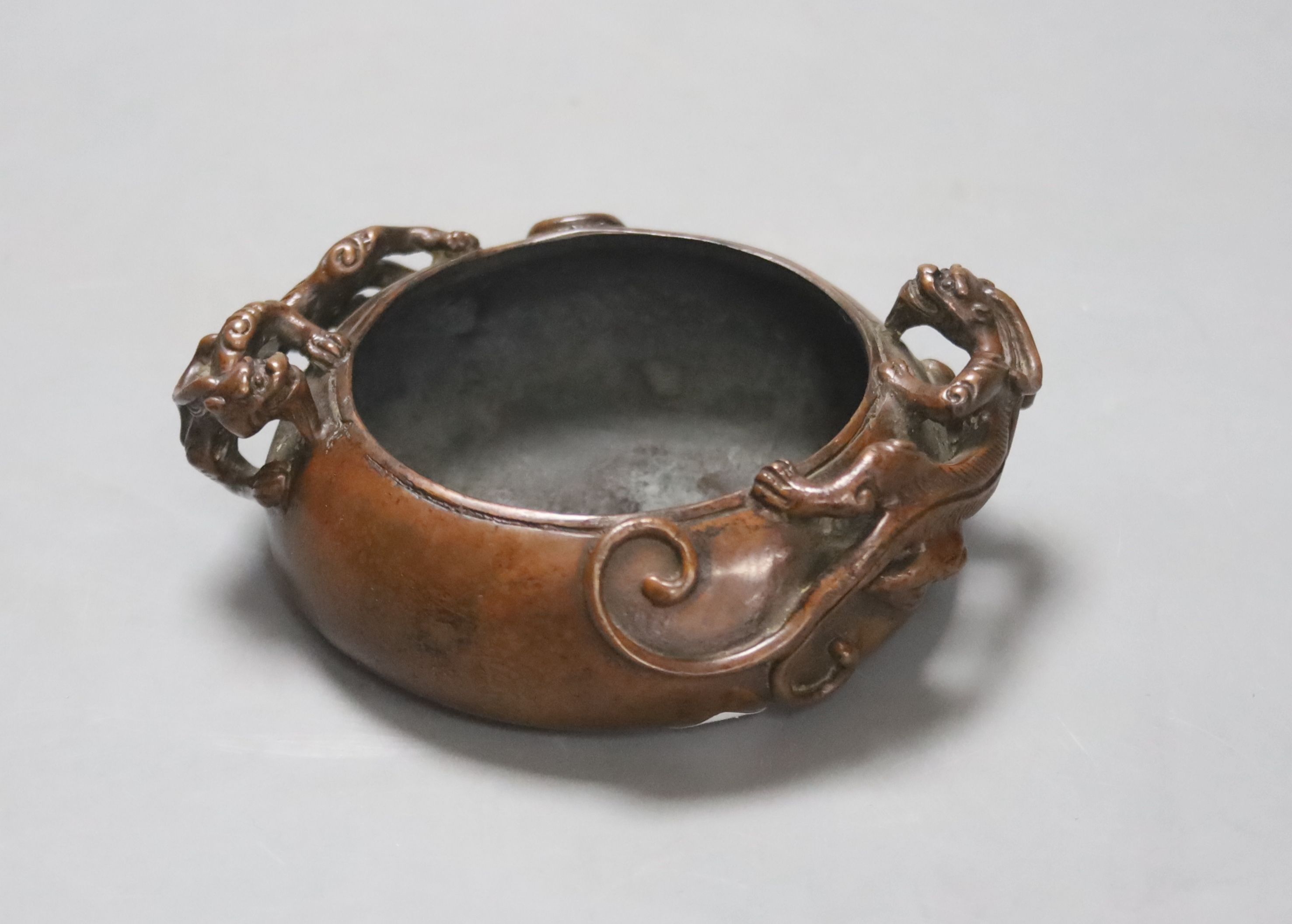A small Chinese copper alloy ‘chilong’ censer, 11cm